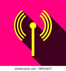 Icon radio antenna. Vector. Flat yellow icon with with semitransparent shadow on rose background.