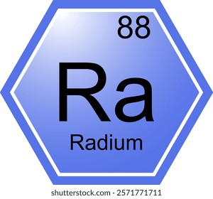 The icon of the Radium element. A chemical element of the periodic table. Ra is an alkaline earth metal. Science, chemistry. Vector hexagonal image.