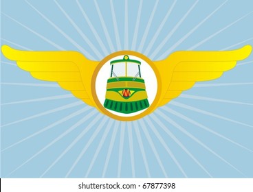Icon of rail transport. Train inside a circle on the golden wings