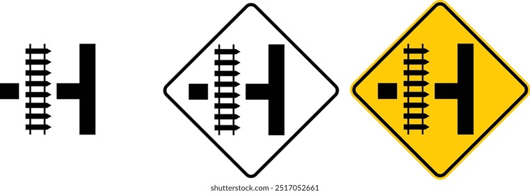 ícone Cruzamento de caminho de ferro no próximo lado estrada sinal dianteiro amarelo contorno tráfego sinal de aviso design para fundo amarelo e fundo preto e branco