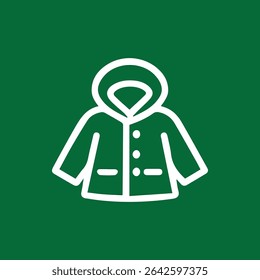 Um ícone de uma capa de chuva com um capuz sobre um fundo verde. Perfeito para previsões do tempo ou projetos de design de moda.