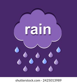 Icon, rainy weather card. Cloud and rain. Inscription. Paper cutting style.