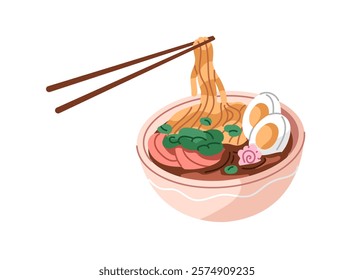 Icon of Ramen bowl with chopsticks. Udon noodle soup with eggs. Japanese food, traditional Asian cuisine. Oriental eating, dish of Japan culture. Flat isolated vector illustration on white background