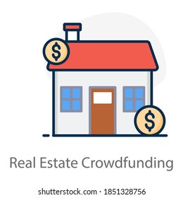 Icon of real estate crowdfunding, dollar coins with building 