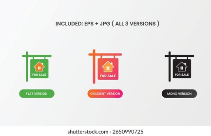 Icon of real estate signboard with For Sale text and house graphic, suitable for realtors, property apps, and listing promotions. Includes 3 style versions.