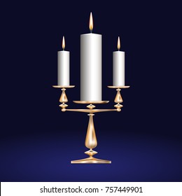 Icon of realistic candlestick with three burning candles on a dark blue background