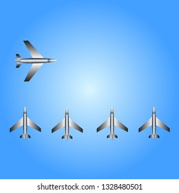 Icon realistic group of aircraft airfield on blue background