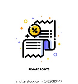 Icon of receipt with percent sign which symbolizes reward points or retail customer loyalty program for money-saving shopping concept. Flat filled outline style. Pixel perfect 64x64. Editable stroke