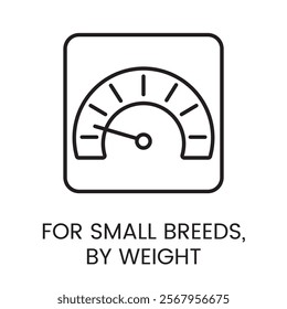 An icon of a rectangular frame with a scale gauge inside in vector, symbolizing controlled weight dosage for small breeds, with an editable stroke.