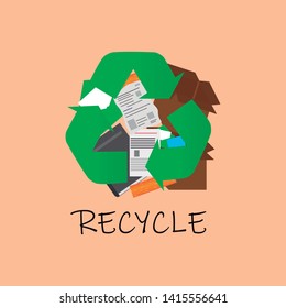 Icon with recycle arrows filled with garbage. vector, illustration.