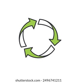 Icon of recycle. Picture of three green arrows circling around. It symbolizes the process of reusing old material into new material so it won't go waste and reduce pollution that can harm the nature.