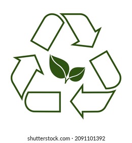 Icono del signo de reciclado y hojas verdes. Símbolo de economía circular y productos sostenibles hechos de materiales reciclados, reciclables o biodegradables. Ilustración vectorial