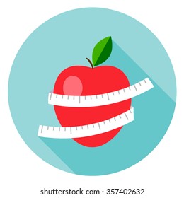 The icon with a red apple on a blue background with the measurement and shadow. Symbol weight loss. Vector illustration