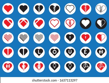 Icon in red, black, and in various forms Male-female pictogram icon set. Love letter icon set on black and white background.