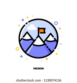 Icon of red flag on mountain peak for business mission concept. Flat filled outline style. Pixel perfect 64x64. Editable stroke