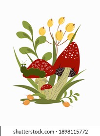 Icon with red fly agaric. Forest poisonous mushrooms in the grass with a caterpillar and berries. Postcard for logos, scrapbooking and decor. Vector illustration.