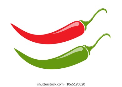 Icon red and green spicy pepper. Isolated on white. Vector illustration