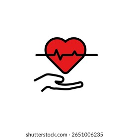 Icono con un corazón rojo y una mano amiga, que representa la salud, el cuidado, la Asistencia y el bienestar.