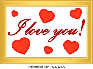 icon red heart with inscription I love you, frame, metal gold, vector