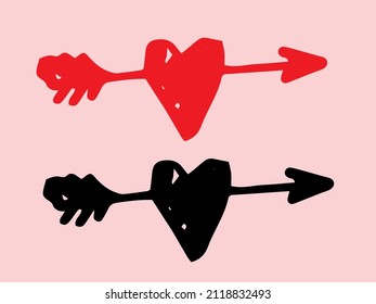 the icon of a red heart pierced by an arrow. a set of a black heart pattern, drawn in a doodle style, with a straight arrow inside, on white for a design template for Valentine's Day