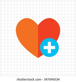 Icon of red heart sign with plus depicting Add to favorites icon