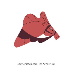 Icon of red horse head. Determined character runs, rushing to achieve aims, goals. Aspirations, ambition, reaching of success, win, victory. Flat isolated vector illustration on white background