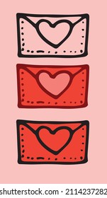 the icon of a red letter with a heart . A set of closed envelope, hand-drawn in the style of hand-drawn doodles with a heart on white in flat style, isolated black outline for the Valentine's holiday 