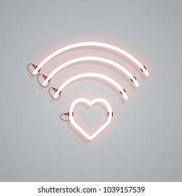 Icon of red neon sign of heart wi-fi. Internet dating, romance, love signal. Valentines Day concept. Can be used for application icons, posters, web design