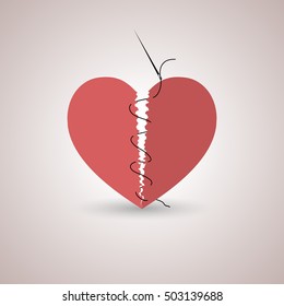 Icon red, paper, broken heart stitched thread with shadow, flat style, isolated on a light background, vector illustration.
