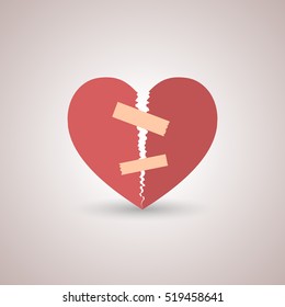 Icon red, paper, broken heart with shadow, flat style, isolated on a light background, vector illustration.