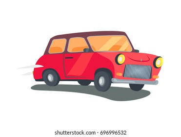 Icon of red retro two-door station wagon with round headlights isolated vector illustration on white background. Angled view car in cartoon style