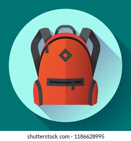 Icon of red school school or travel backpack. Backpack with pockets for schoolchildren, students. Isolated on white background. Vector illustration.