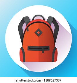 Icon of red school school or travel backpack. Backpack with pockets for schoolchildren, students. Isolated on white background. Vector illustration.