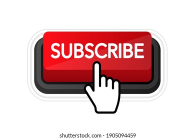 Icon with red subscribe 3D button on white background for web marketing design. Flat deign. Social media element. White background. Vector illustration.