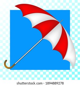 Icon. Red And White Large Umbrella On The Side. Blue Square Background. EPS10