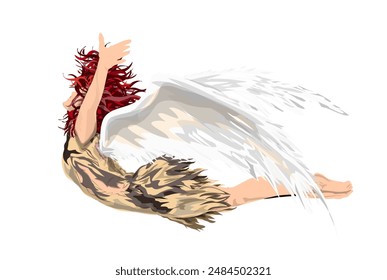 icon of a red-haired winged woman flying high without a background