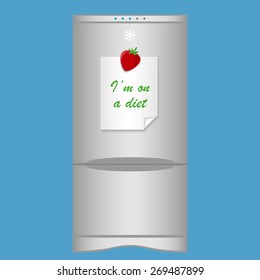 Icon with refrigerator and blank note "I'm on a diet" on magnet. Vector illustration for web design, posters and banners 