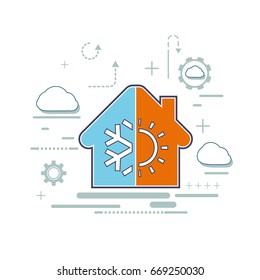 Icon of the regulator climate control. Logo of ventilation and air conditioning facilities. Construction of buildings from weatherproof materials. Vector stock graphics.