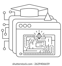 Icon of reinforcement learning with layered screens, maze diagram, and reward symbolizing decision optimization. Vector pictogram with thin black lines on a transparent. Editable line thickness