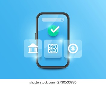 Icon related to banking applications pops up on smartphone screen, with green icon in center confirming successful transfer, payment, or financial transaction, vector 3d for financial online concept