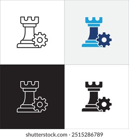 Icon related to business. Contains icons of strategy, defense, set, setting, setup, rook. Vector graphic resource for illustration and user interface in thin line flat design.