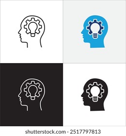 Icon related to business. Contains icons of strategy, idea, head, light bulb, setting, setup, brain storming. Vector graphic resource for illustration and user interface in thin line flat design.