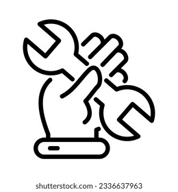 Icon related to the use of engineering keys, useful as a symbol of mechanical engineering use. Editable black outline vector illustration.