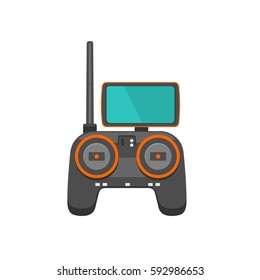 Icon remote control drone with screen and button. Vector flat color illustration. Isolated on white background.