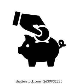 Icon Representation of Hand Inserting a Coin into a Piggy Bank for Savings Management