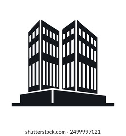 Icon representation of a modern office building with multiple floors and large windows, emphasizing contemporary architecture in a bustling business environment