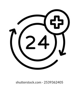 Icon representing 24 hour medical services with a circular arrow and a medical cross