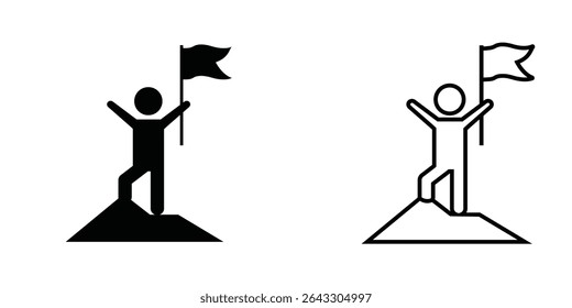 Icon representing achievement with a figure planting a flag on a mountain peak, conveying triumph and success