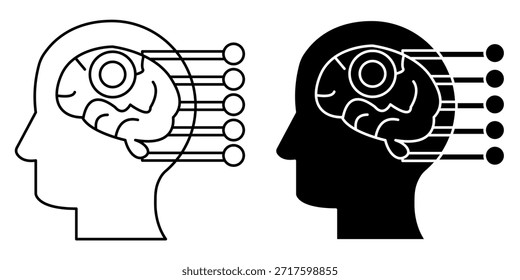 Symbol, das die KI mit einem Gehirn darstellt, das mit digitalen Knoten verbunden ist, in Umrissen und Schwarz dargestellt.