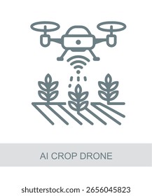 Icono que representa un dron de cultivo aéreo, utilizado en diseños de interfaz de IA, tecnología o futuristas.